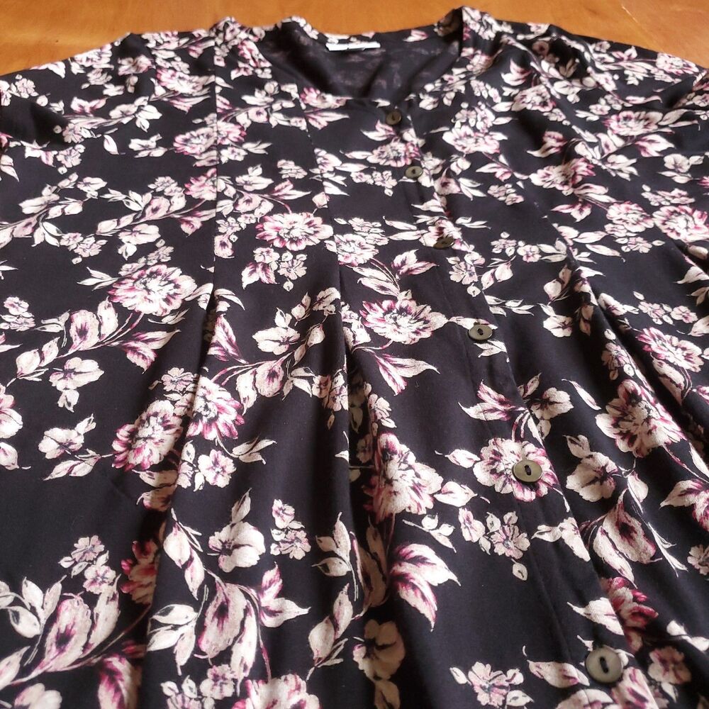 J Jill Button Front Maxi Dress Sz Large Black Pink Floral Pima Cotton Blend Knit - Picture 7 of 11
